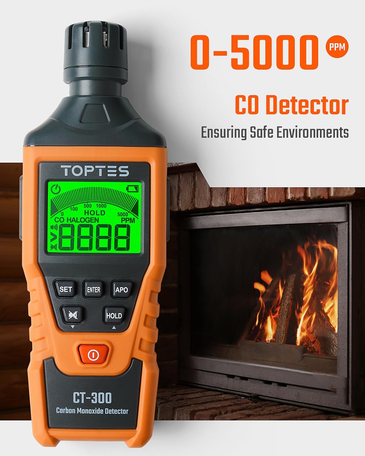 TOPTES CT-300 carbon monoxide detector measuring CO levels from 0 to 5000 PPM