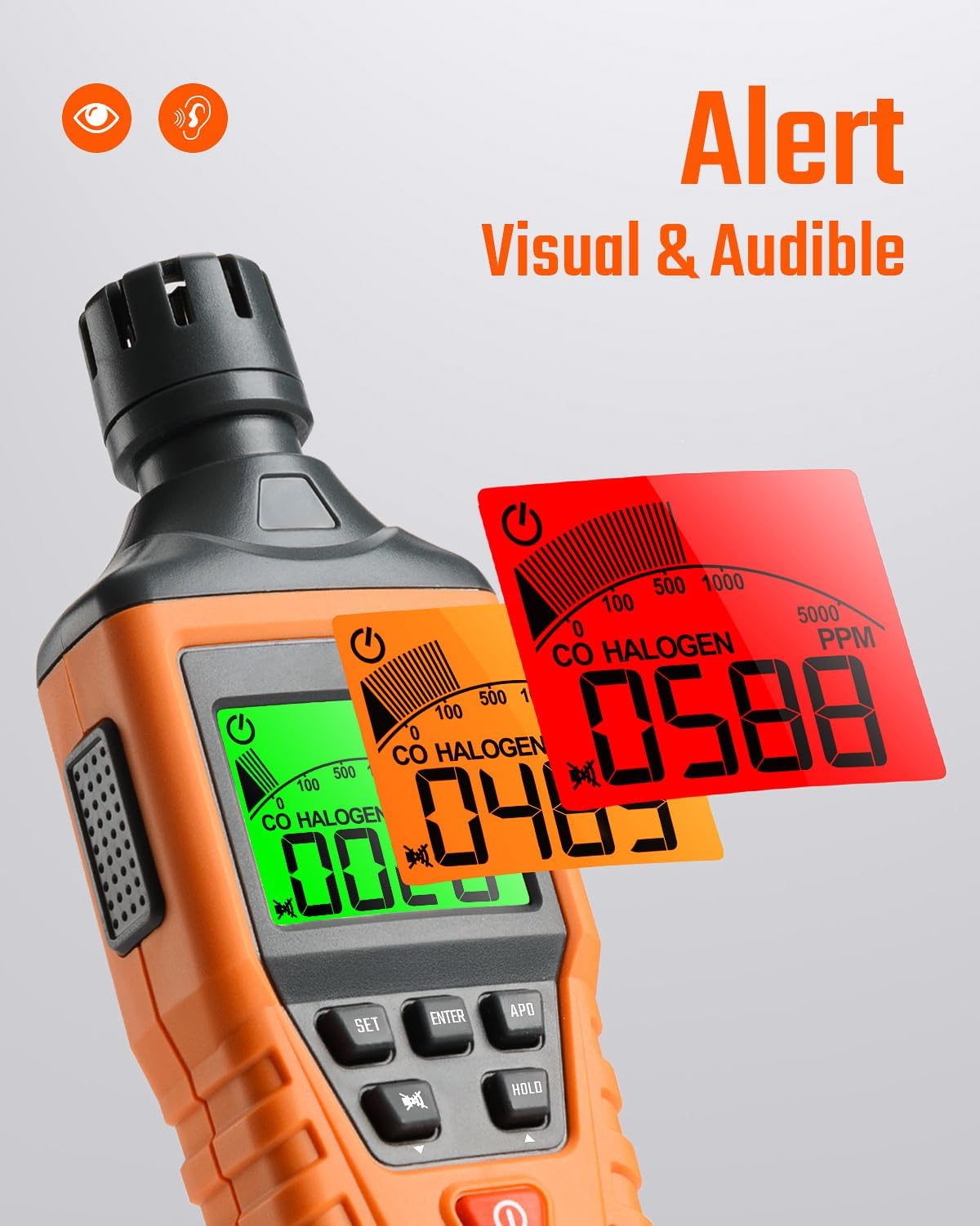 TOPTES CT-300 carbon monoxide alarm showing visual warning display for unsafe CO levels