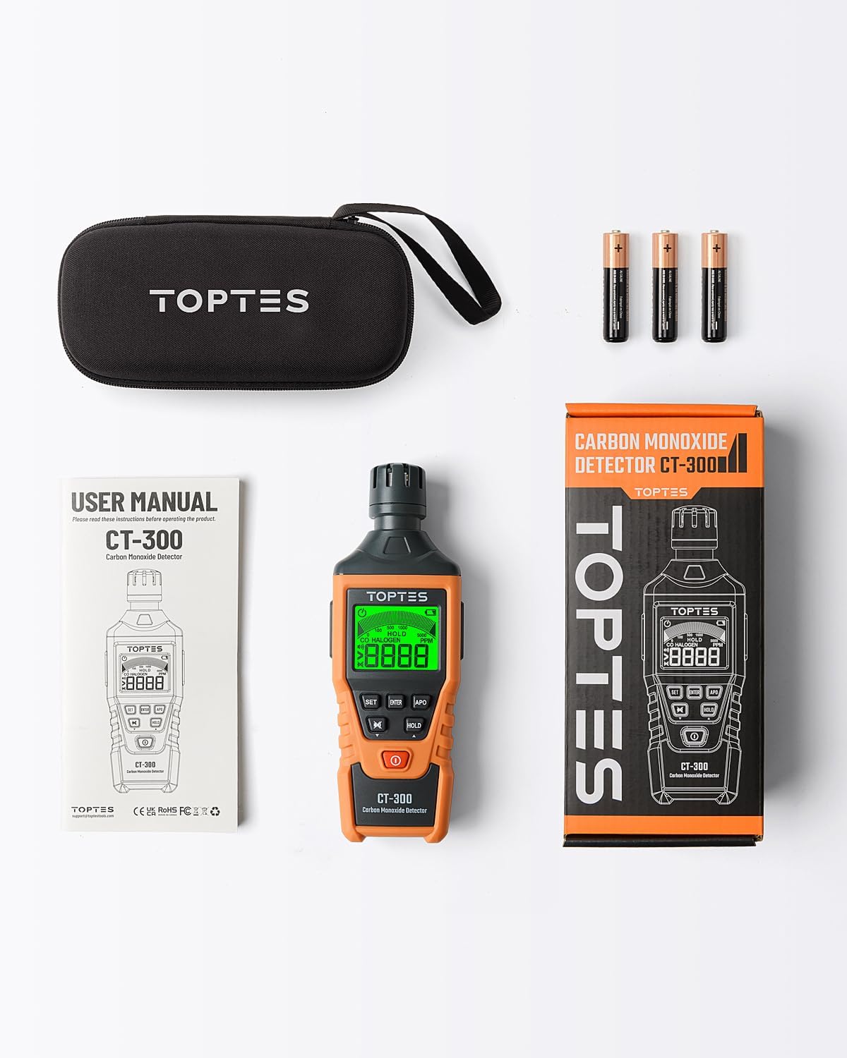 TOPTES CT-300 package with carbon monoxide detector, protective case, AAA batteries, and user manual