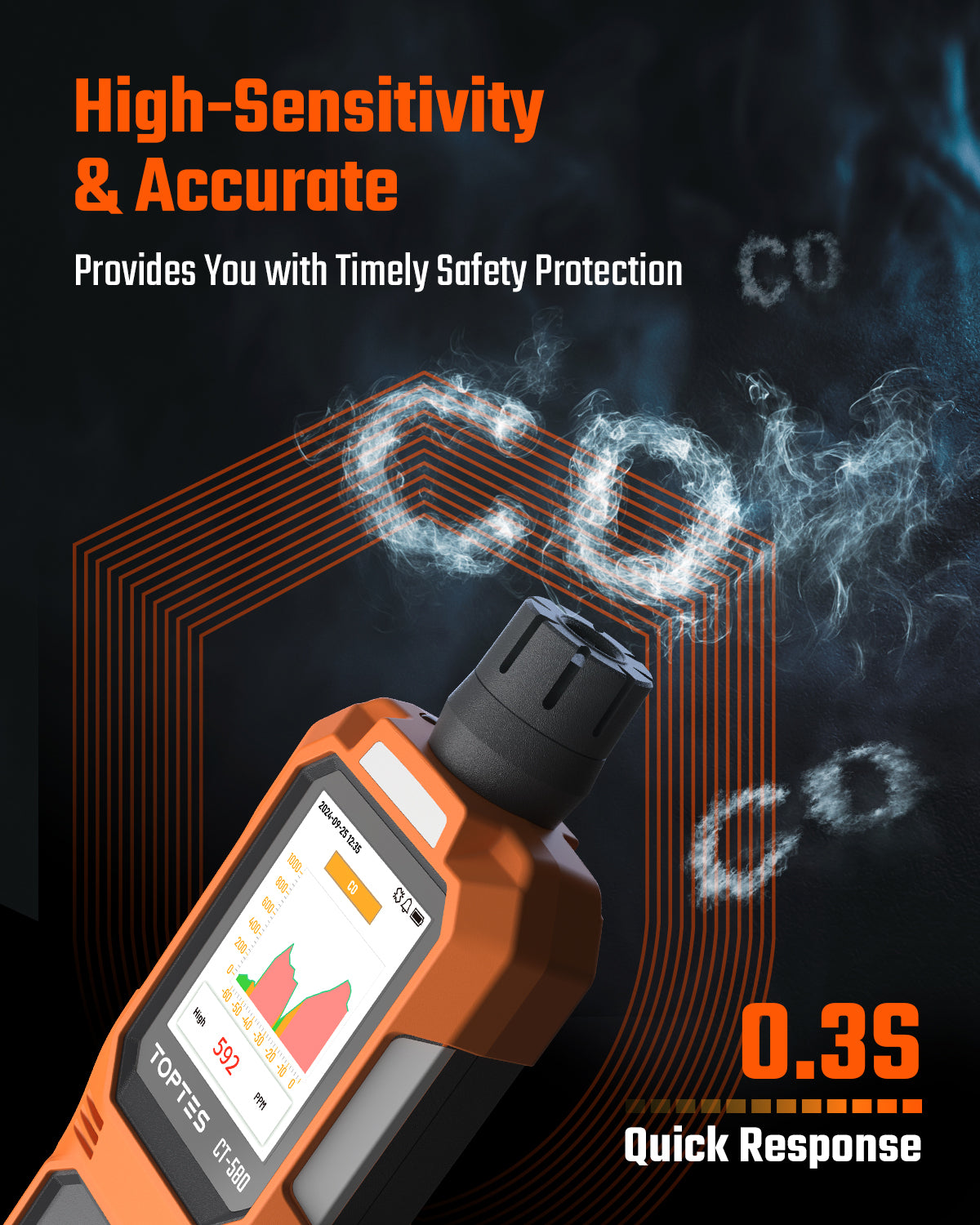 TOPTES CT-580 CO detector with fast 0.3 second response for accurate carbon monoxide detection