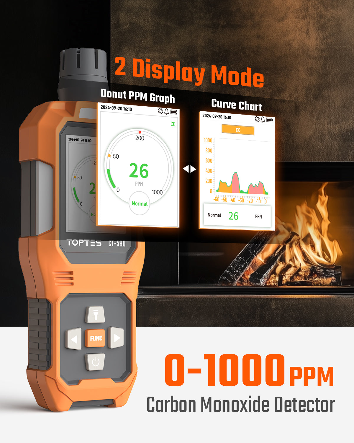 TOPTES CT-580 portable CO detector measuring carbon monoxide levels from 0 to 1000 PPM