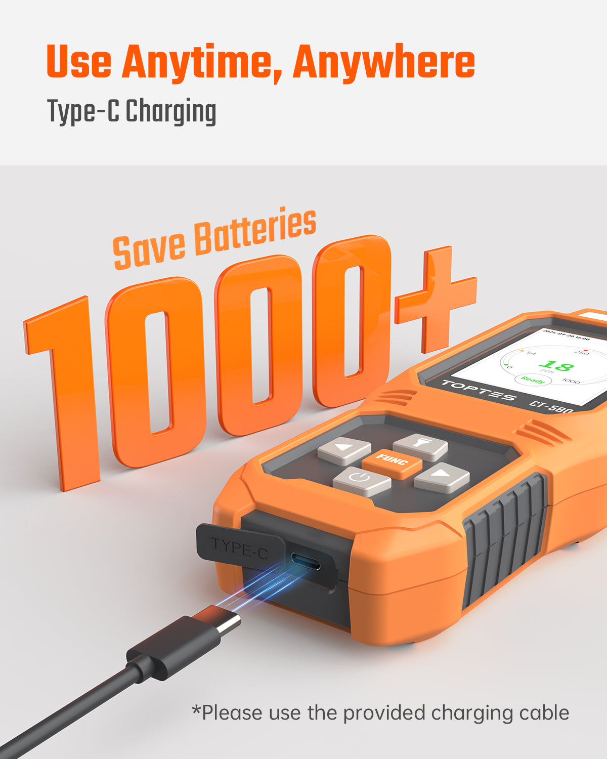 TOPTES CT-580 rechargeable carbon monoxide detector with USB-C charging and built-in flashlight