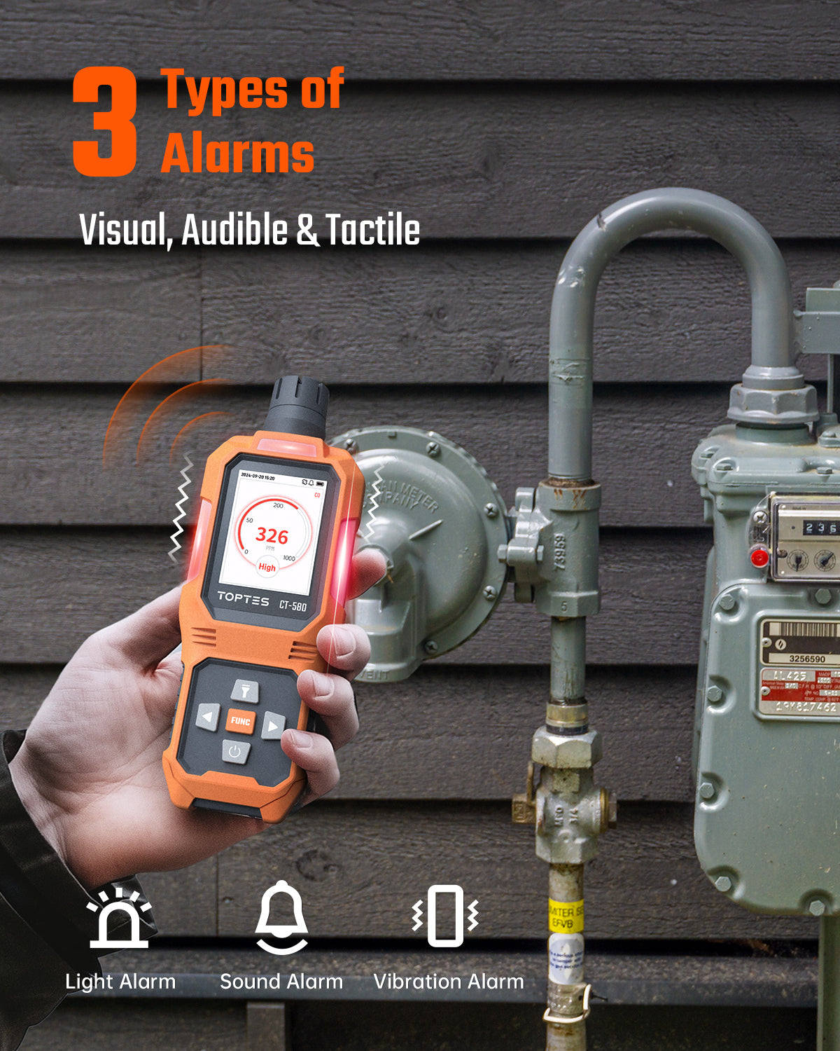 TOPTES CT-580 handheld carbon monoxide monitor with visual audible and vibration alarms