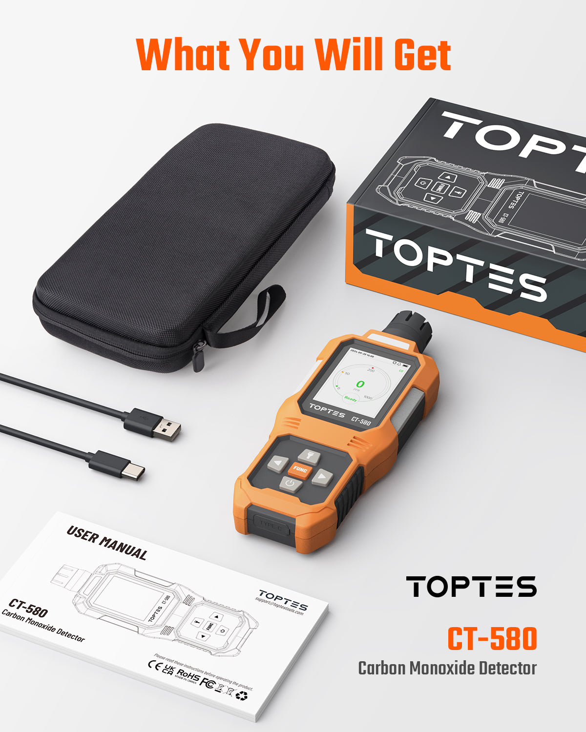 TOPTES CT-580 package with carbon monoxide detector, protective case, USB-C cable, and user manual