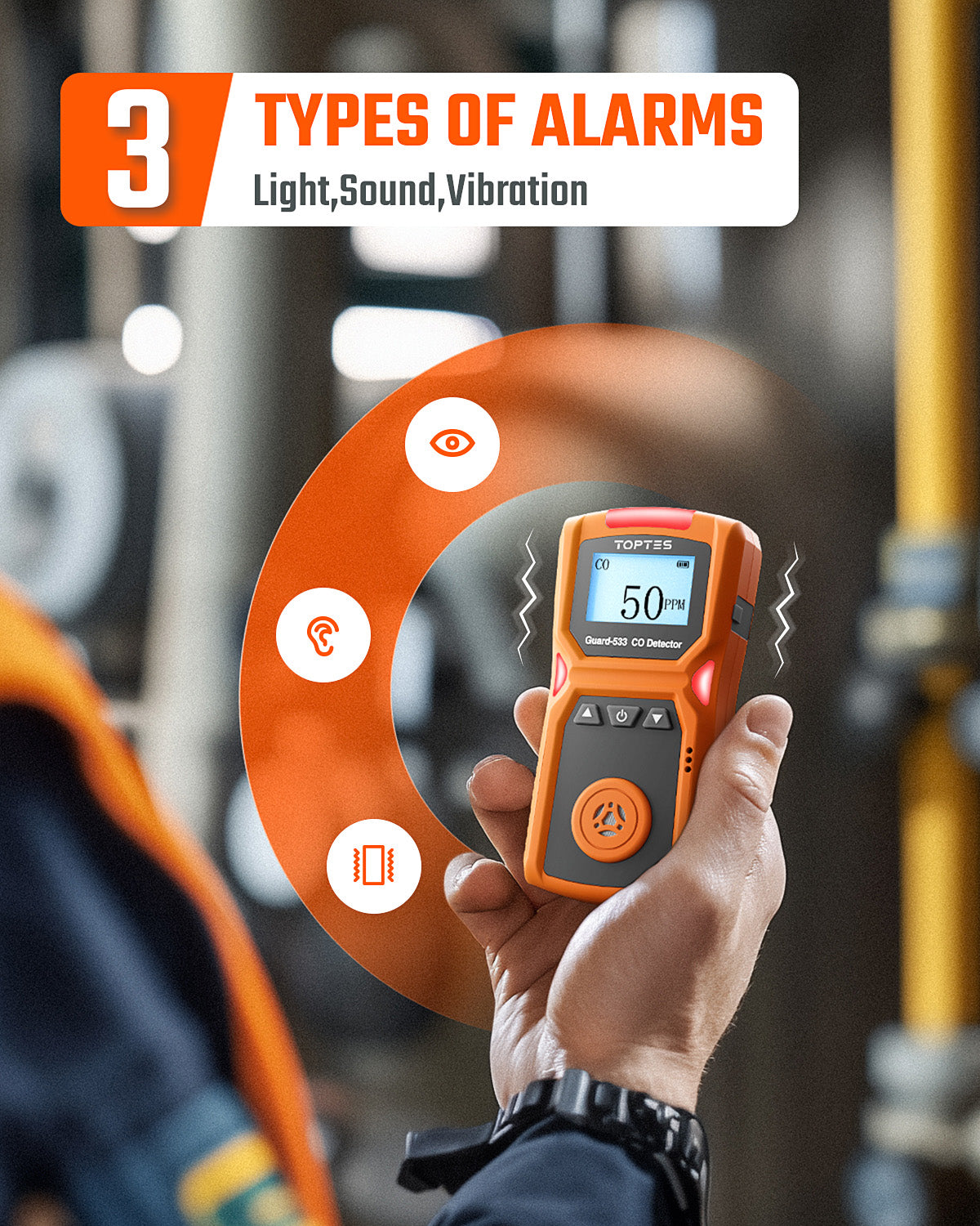 TOPTES Guard-533 portable carbon monoxide detector with visual, audible, and vibration alarms