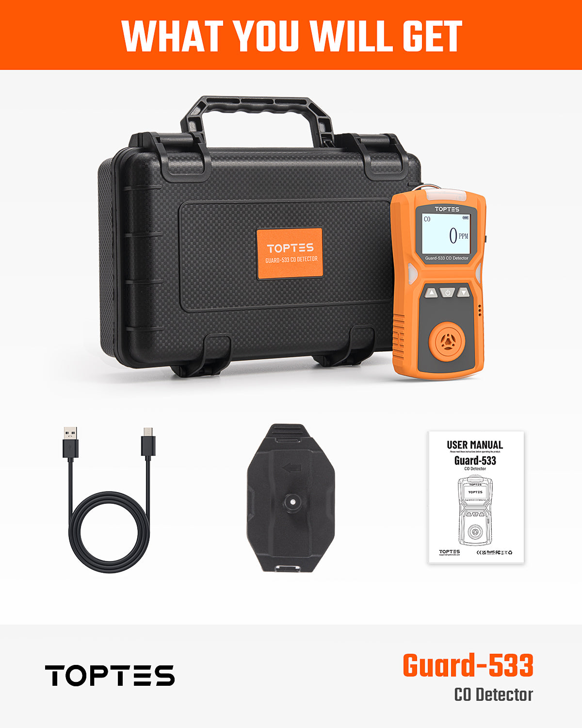 TOPTES Guard-533 CO detector package with charging cable, user manual, gas hood, and box