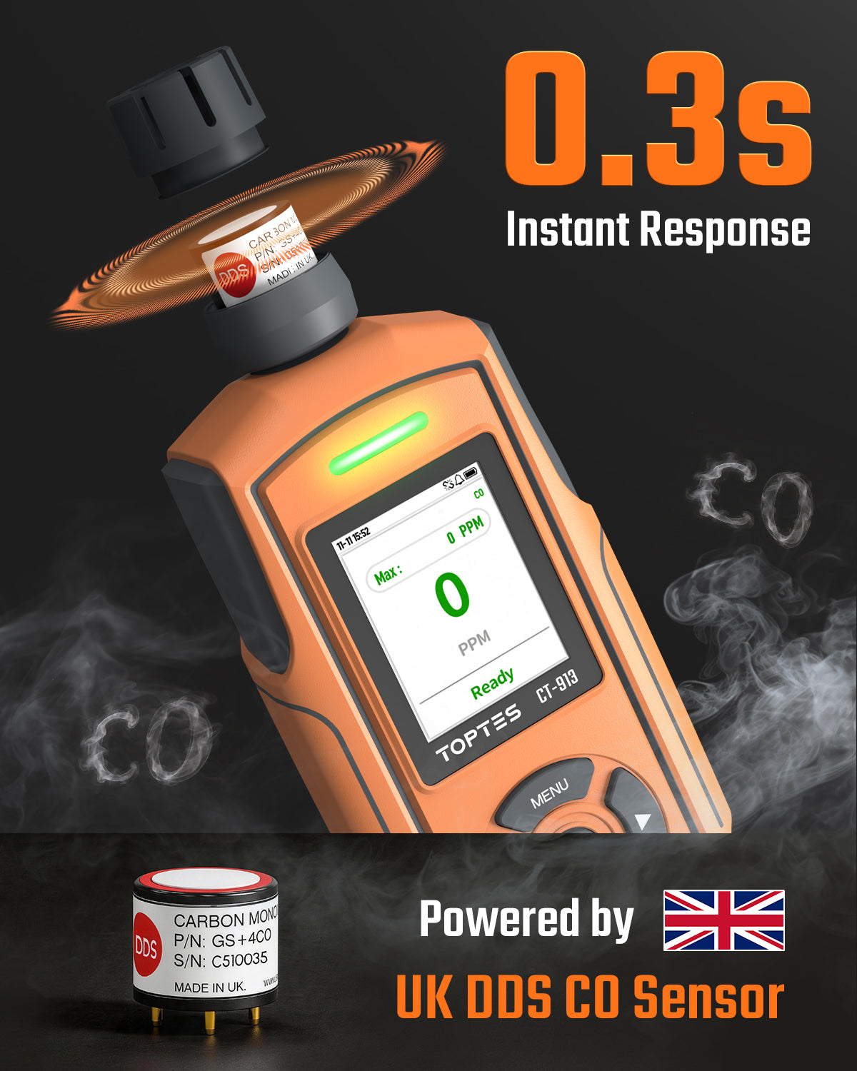 TOPTES CT-913 carbon monoxide detector with upgraded electrochemical sensor for accurate CO readings