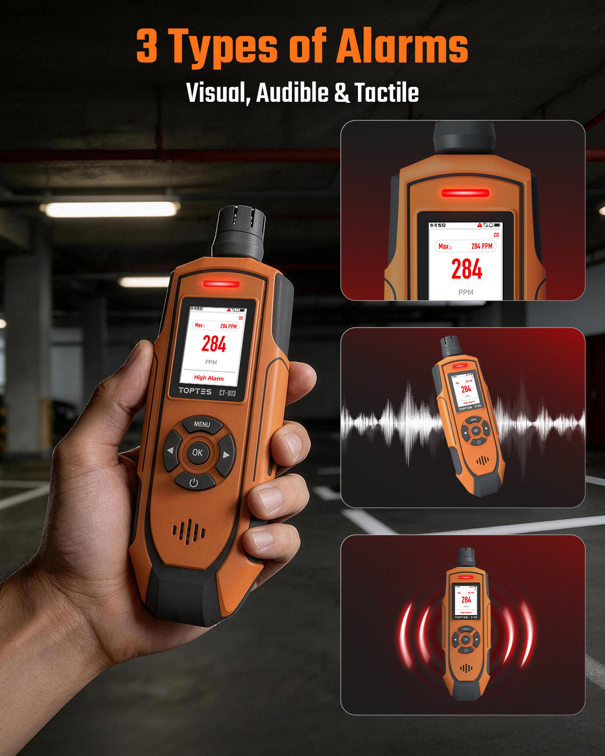 TOPTES CT-913 portable CO monitor with visual audible and vibration triple alarms