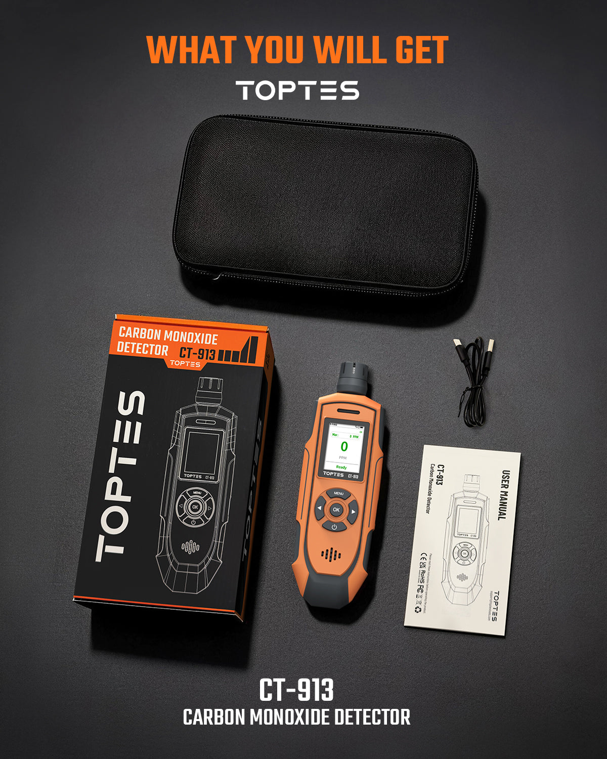 TOPTES CT-913 package with portable carbon monoxide detector, charging cable, case, and user manual