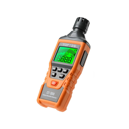 TOPTES CT-300 carbon monoxide detector with backlit LCD screen and audible visual alarm